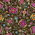 Seamless pattern with color easter eggs, flowers and chicks Royalty Free Stock Photo