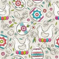 Seamless pattern with color easter eggs, flowers, hen and chick Royalty Free Stock Photo