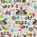 Seamless pattern with color easter eggs, rabbit, flowers and c Royalty Free Stock Photo