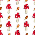 Seamless pattern with color hand drawn mushroom in retro style. Vector illustration Royalty Free Stock Photo
