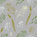 Seamless pattern with color hand drawn silhouette of Shepherds Purse, lives and flowers isolated on gray background. Retro vintage Royalty Free Stock Photo