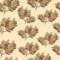 Seamless pattern with color leaves of rowan tree. Hand drawn ink sketch isolated on light yellow background