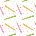 Seamless pattern with color pencils. Hand drawn vector illustration with cryons, paints, palette, brush. Back to school.