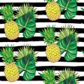 Seamless pattern color pineapple and tropical leaves on black strips