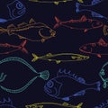 Seamless pattern of color sea fish on a black background. Vector doodle. Royalty Free Stock Photo