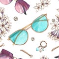 Seamless pattern color sunglasses, flowers, earring isolated on white. Watercolor handrawn illustration. Art for design