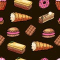 Seamless pattern of colored cakes on a black background. Cake