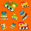 Seamless pattern colored cute little toy train and luggage - vector