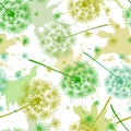 Seamless pattern with colored dandelions and spots of paint. Endless floral texture of delicate coloring. Vector illustration of Royalty Free Stock Photo