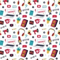 Seamless pattern with colored doodle elements for online show,podcast, radio. Hand drawn laptop, headphones, loudspeaker Royalty Free Stock Photo