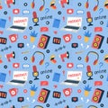 Seamless pattern with colored doodle elements for online show,podcast, radio. Hand drawn laptop, headphones, loudspeaker Royalty Free Stock Photo