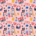 Seamless pattern with colored doodle elements for podcast, radio, online show. Hand drawn microphones, headphones, hand Royalty Free Stock Photo