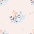 Seamless pattern of colored feathers romantic arrows painted with watercolors on a white background