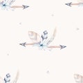 Seamless pattern of colored feathers and romantic arrows painted with watercolors on a white background