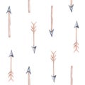 Seamless pattern of colored feathers romantic arrows painted with watercolors on a white background