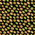 Seamless pattern with colored flat realistic pistachios nuts on black background. Salty delicious organic food nutshells, peeled.