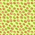 Seamless pattern with colored flat realistic pistachios nuts on green background. Salty delicious organic food nutshells, peeled.