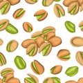 Seamless pattern with colored flat realistic pistachios nuts on white background. Salty delicious organic food nutshells, peeled.