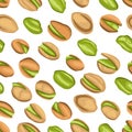 Seamless pattern with colored flat realistic pistachios nuts on white background. Salty delicious organic food nutshells, peeled.