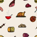 Seamless pattern colored food icons.