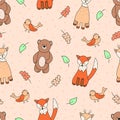 Seamless pattern of colored forest animals, Deer fox bear bird. Background wallpaper for printing. Children cartoon characters