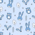 Seamless pattern of colored forest animals, Owl hare badger trees. Background wallpaper for printing. Children cartoon characters