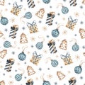 Seamless pattern with colored gifts, Christmas toys, gingerbread and snowflakes on a white background. Christmas