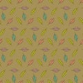 Seamless pattern colored hand drawn leaf foliage on green khaki background for textile wallpaper, interior decoration Royalty Free Stock Photo