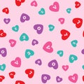 Seamless pattern with colored hearts with letters L, O, V, E. Romantic print. Vector illustration.