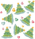 Seamless pattern with colored hearts, paws and christmas trees