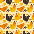 Seamless pattern with colored hens chickens and chicken eggs. Vector doodle illustration for spring background wrapping paper