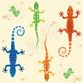 Seamless pattern with colored lizards running