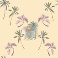 Seamless pattern with colored palm trees and arrangement of beach items and spot. Hand drawn sketch of  floral objects Royalty Free Stock Photo
