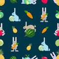 Seamless pattern with colored rabbits, vegetables and fruits