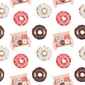 Seamless pattern of colored round red, chocolate and white glazed donuts Royalty Free Stock Photo