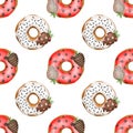 Seamless pattern of colored round white and red glazed donuts with chocolate strawberries Royalty Free Stock Photo