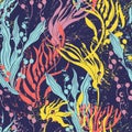 Seamless pattern, colored seaweed and coral in sea foam. Deepwater algae coral pink, blue, purple and yellow colors