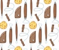 Seamless pattern with colored sketch tools for pottery on white background. Hobbies and workshop. Cutter, wire, sponge. Vector