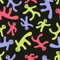 Seamless pattern with colored smiling little people. Groovy background for T-shirt, textile and print. Doodle vector illustration