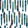 Seamless pattern with colored stationery, pens and pencils on a white background. Business and training concepts