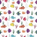 Seamless pattern colored tropical Fish on white background, ornamental graphic fish, floral line pattern. Vector. concept for Royalty Free Stock Photo