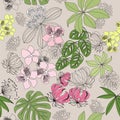 Seamless pattern colored tropical plants on grey background. illustration Royalty Free Stock Photo