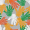 Seamless pattern of colored Vector outline illustration of people hands