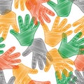 Seamless pattern of colored Vector outline illustration of people hands