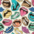 Seamless pattern, colored woman lips and mouths