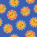 Seamless pattern of colorful abstract Suns with faces