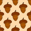 Seamless pattern with colorful acorns cartoon character with a pleased expression on a white background doodle style