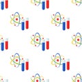 Atom and Vial Flat Icon Seamless Pattern