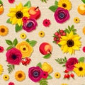 Seamless pattern with colorful autumn flowers on a sacking background. Vector eps-10.