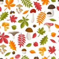 Seamless pattern of colorful autumn leaves and edible wild mushrooms